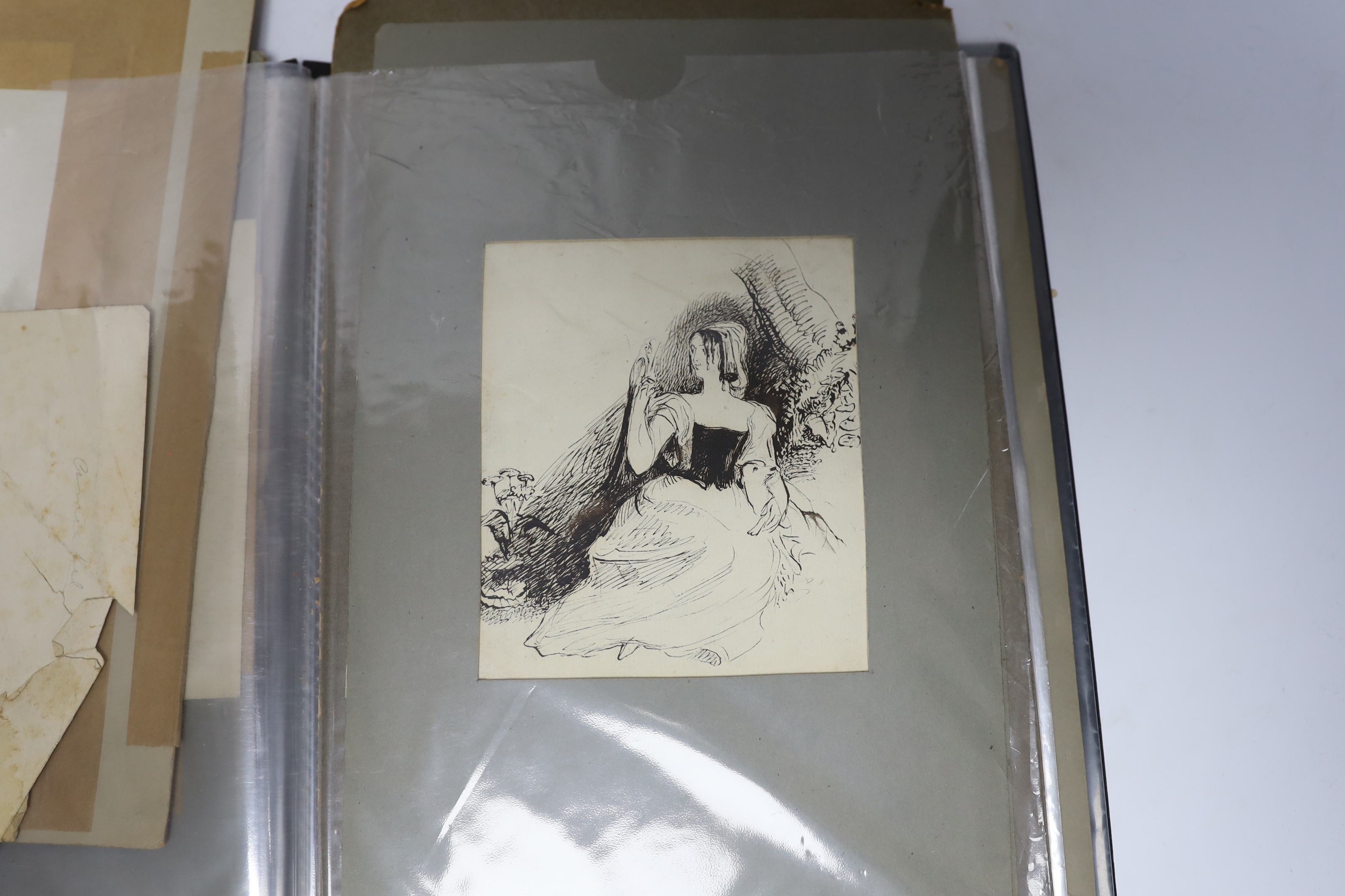 Folio of 18th / 19th century and later pen, ink and pencil sketches, Figural studies, children and putti, one inscribed ‘Ann. Carracino’ in ink verso, unframed, some mounted, largest 22 x 13cm
